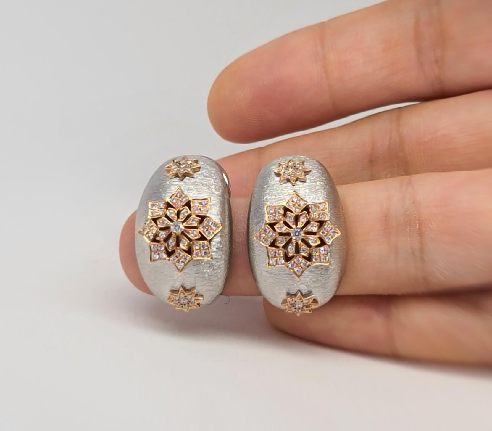 18 Karat White and Rose Gold Diamonds Cocktail Earrings in Florentine Technique 9