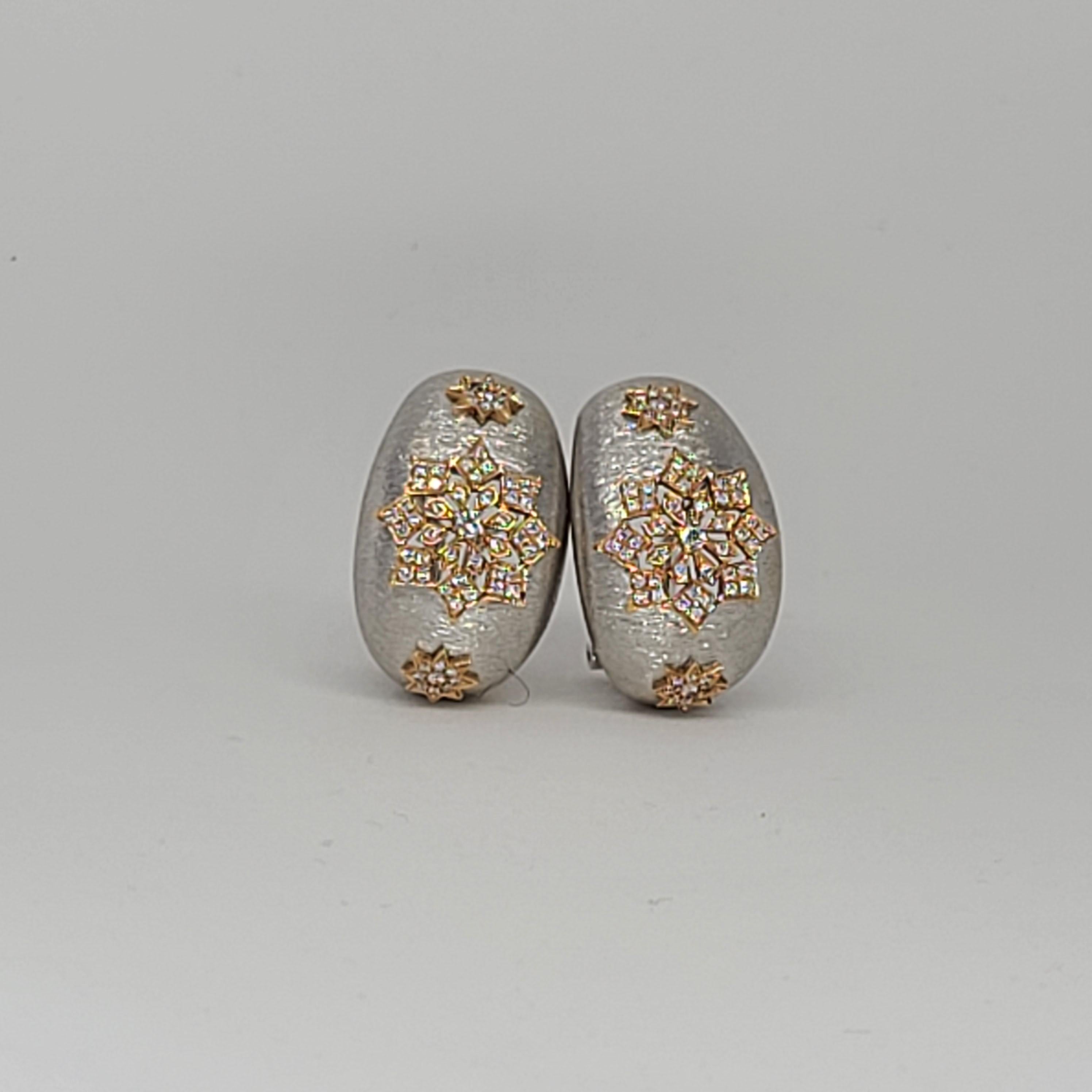 18 Karat White and Rose Gold Diamonds Cocktail Earrings in Florentine Technique 1