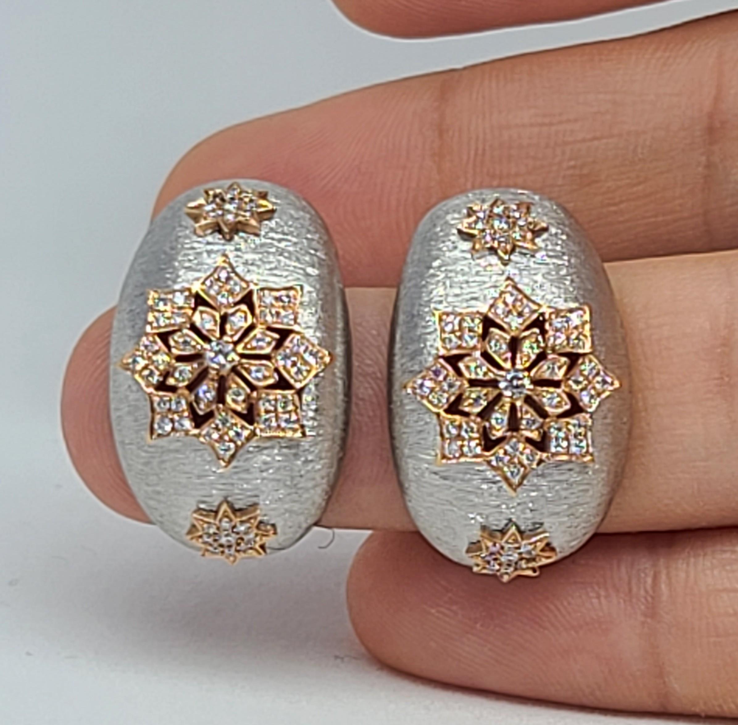 18 Karat White and Rose Gold Diamonds Cocktail Earrings in Florentine Technique 3
