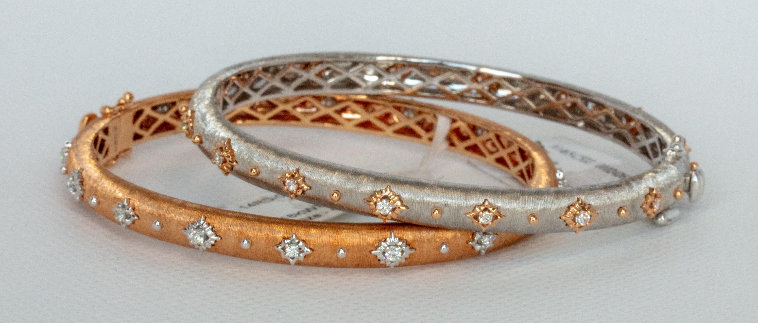 Round Cut 18 Karat White and Rose Gold Diamonds Link Modern Bracelet in Florentine Finish