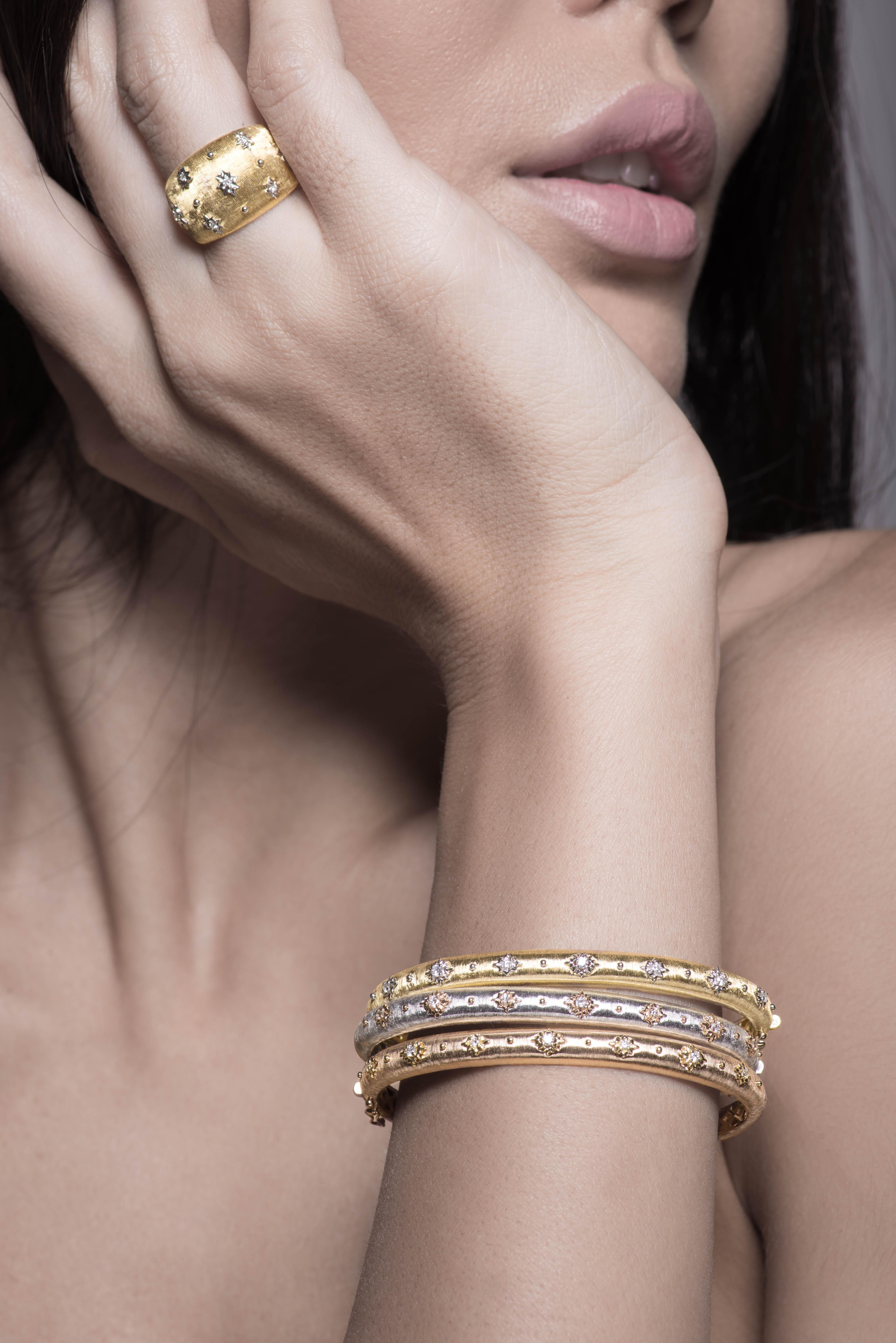 Women's 18 Karat White and Rose Gold Diamonds Link Modern Bracelet in Florentine Finish