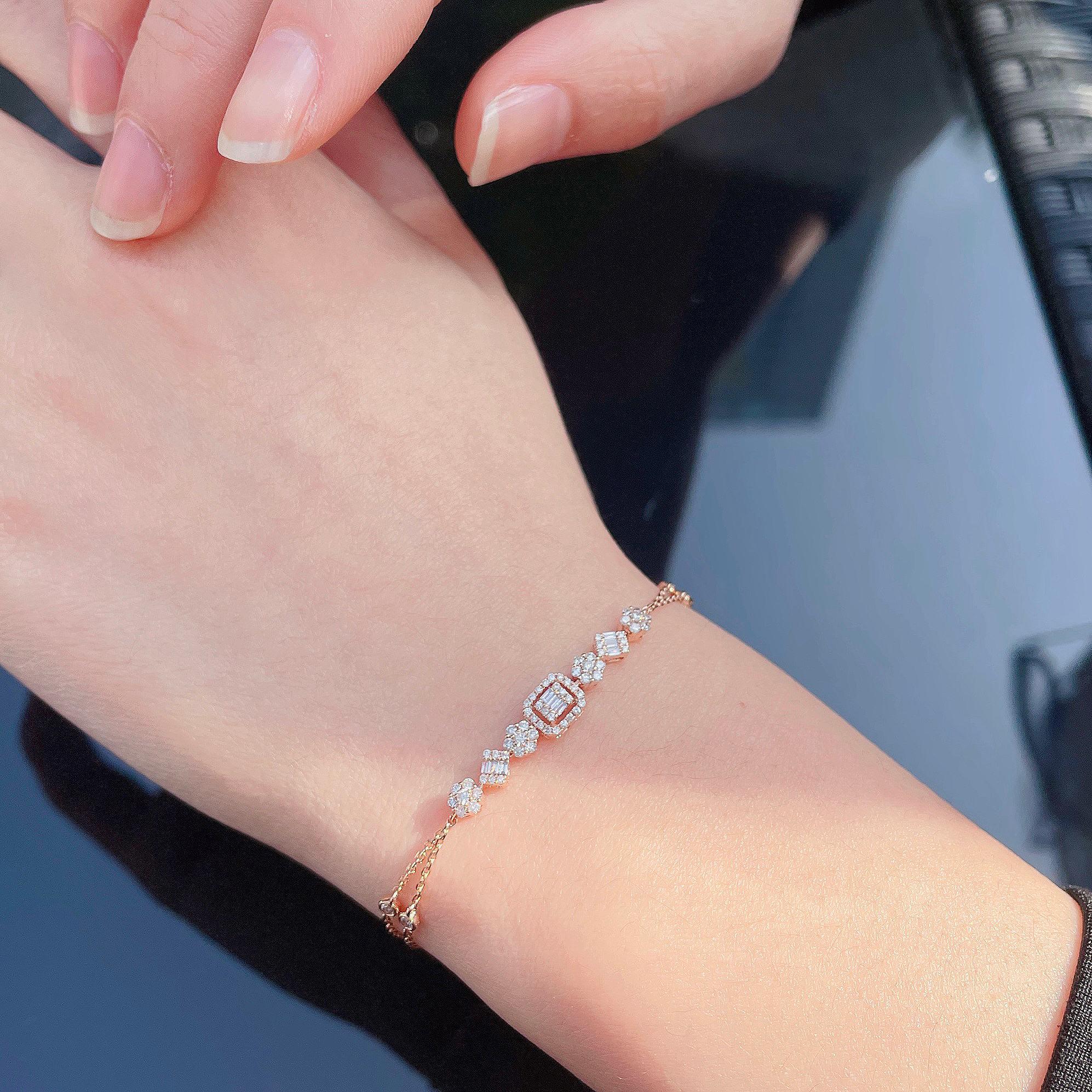 Donna Bracciale a bolle a doppia catena in oro bianco e rosa 18 carati con diamanti naturali in vendita