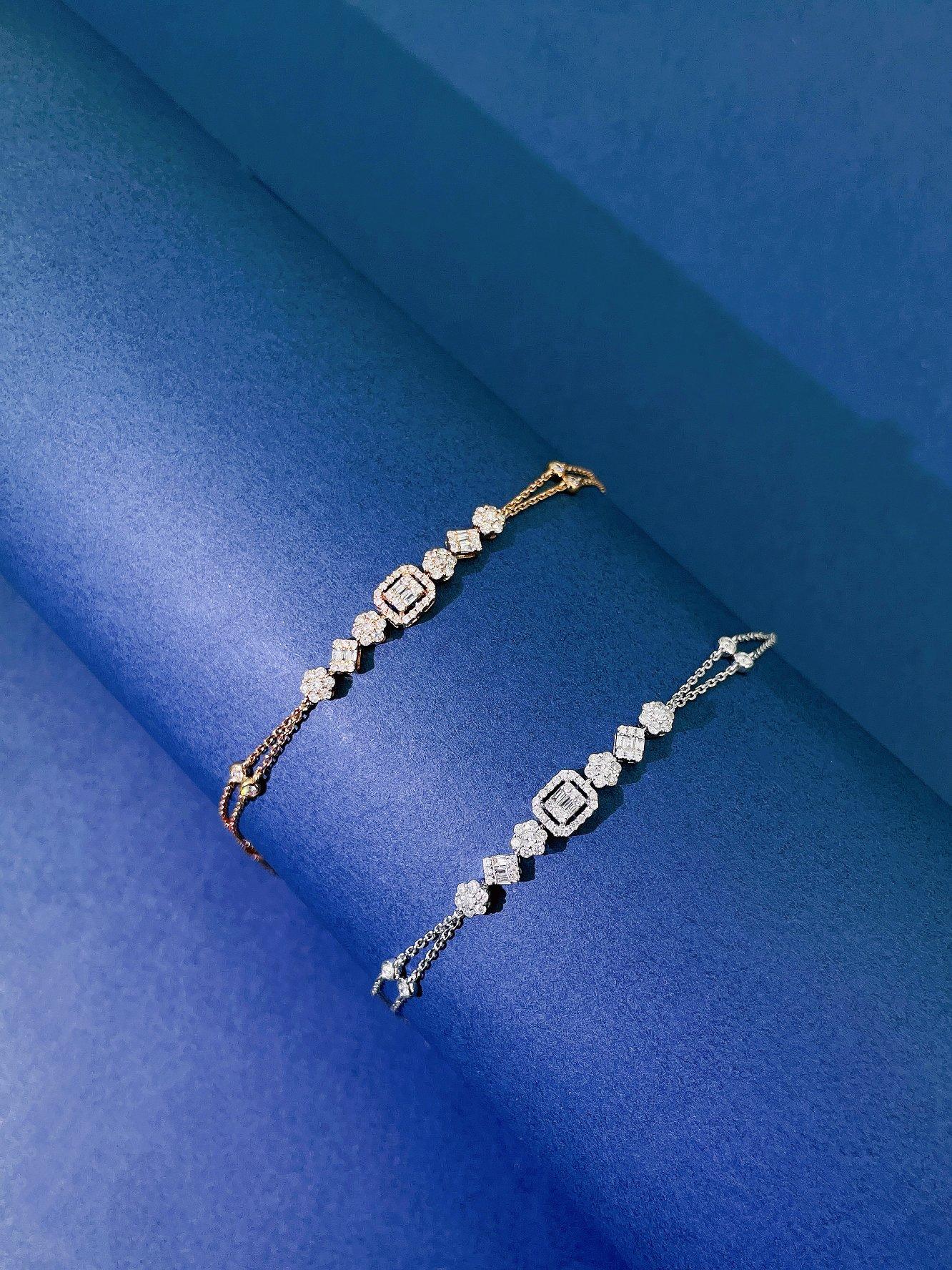 Bracciale a bolle a doppia catena in oro bianco e rosa 18 carati con diamanti naturali in vendita 1