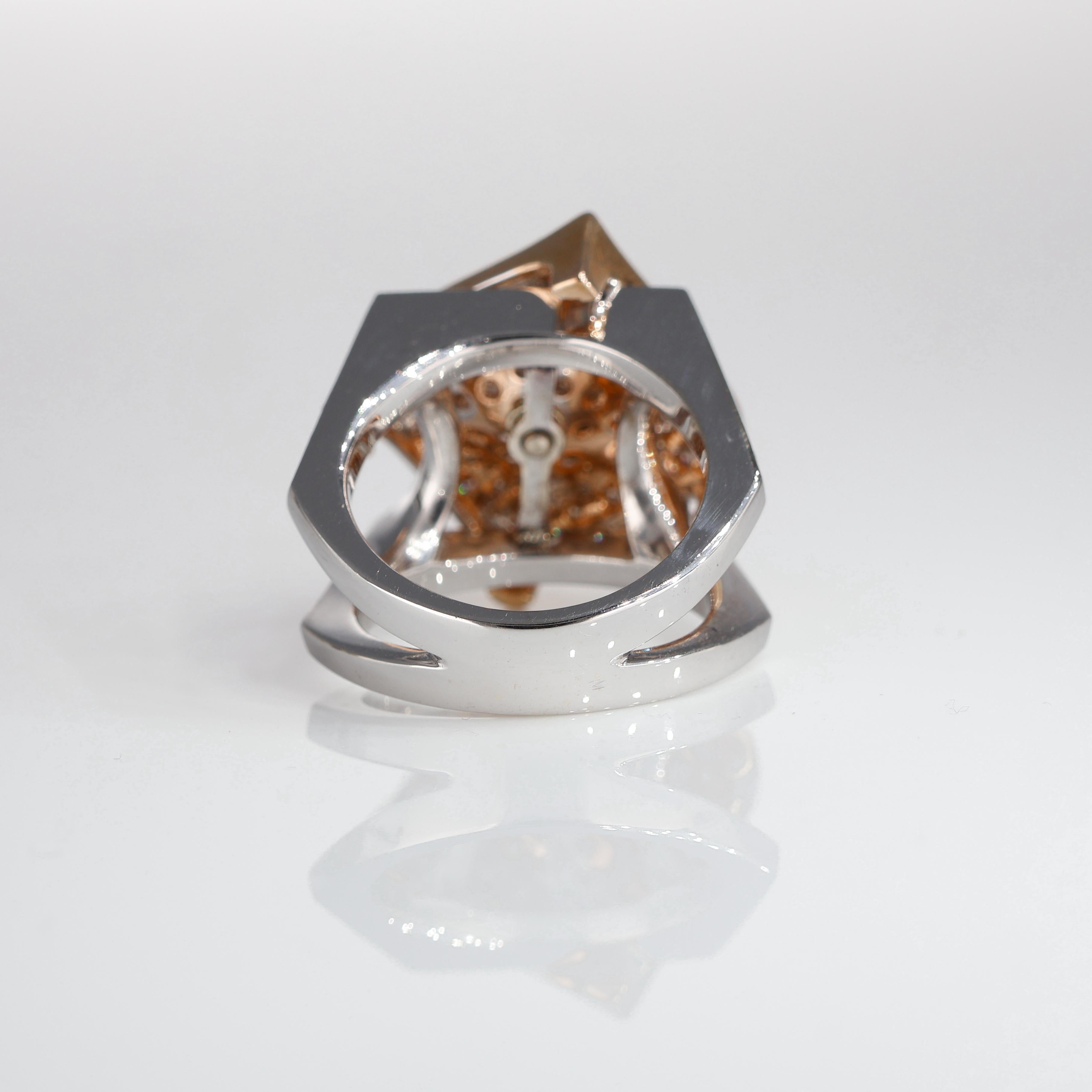 Women's or Men's 18K White and Rose Gold Ring with Mobile Diamond Pavé Rhombus For Sale