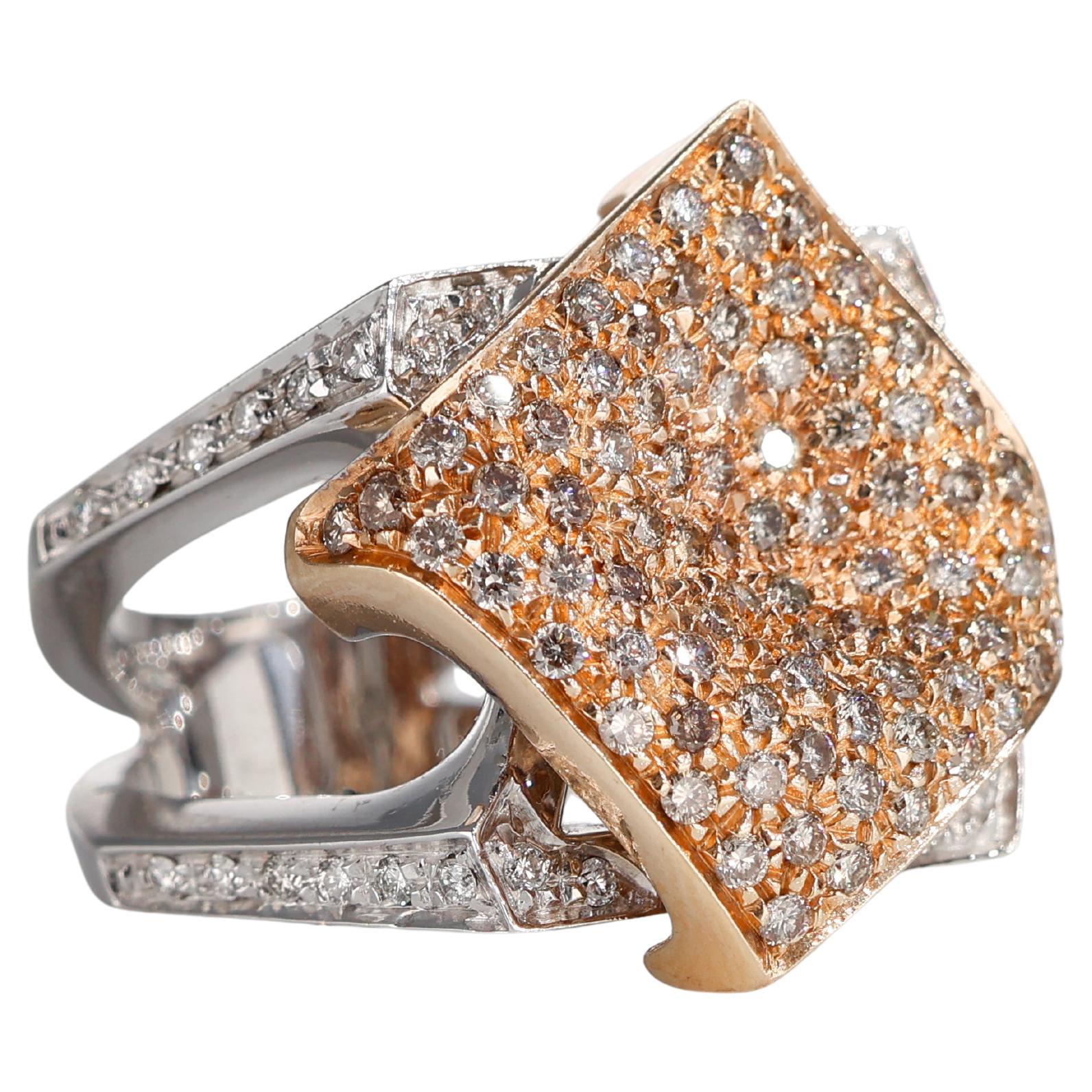 18K White and Rose Gold Ring with Mobile Diamond Pavé Rhombus