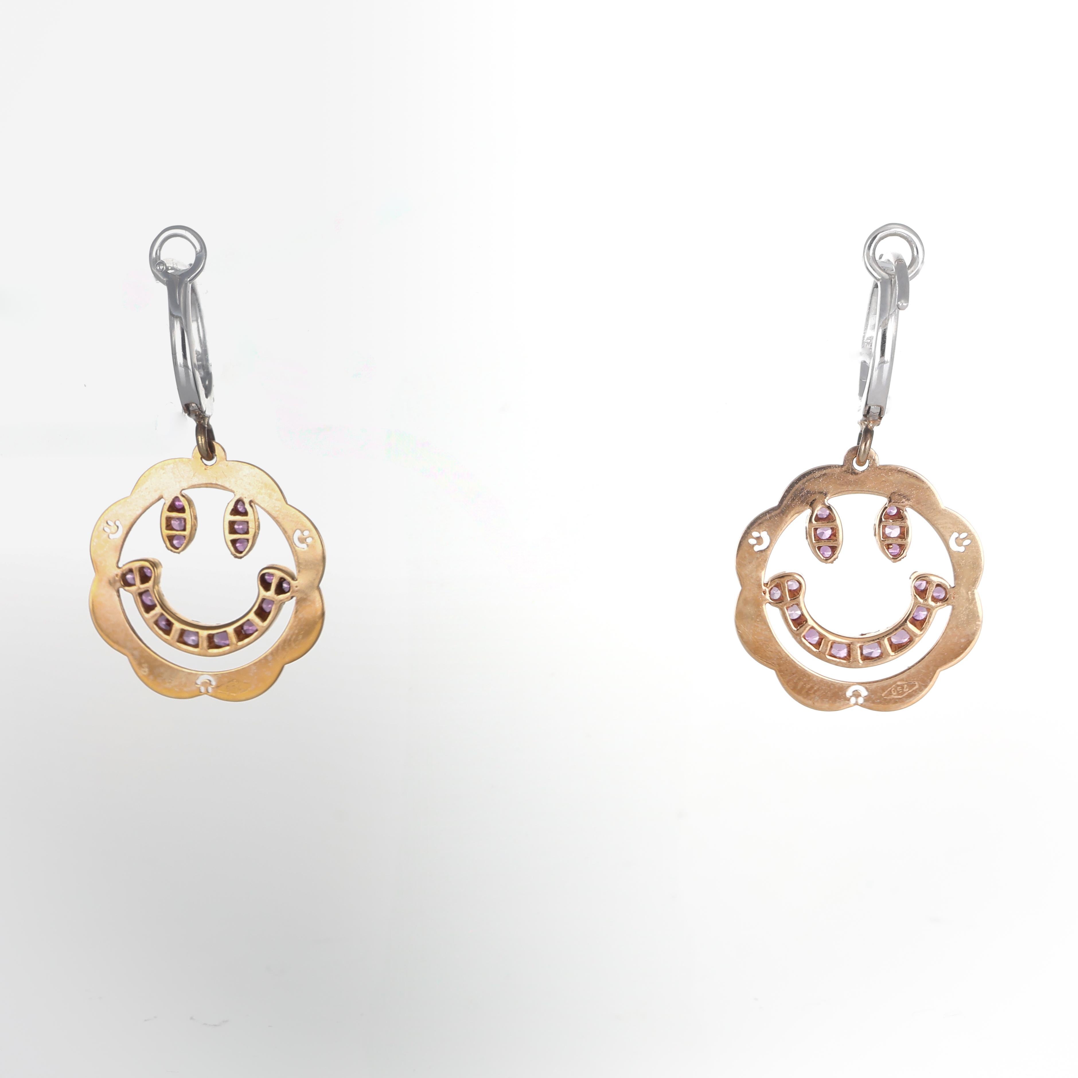 Brilliant Cut 18K White and Rose Gold Smiley Face Dangle Earrings with Pink Sapphires and Diam For Sale