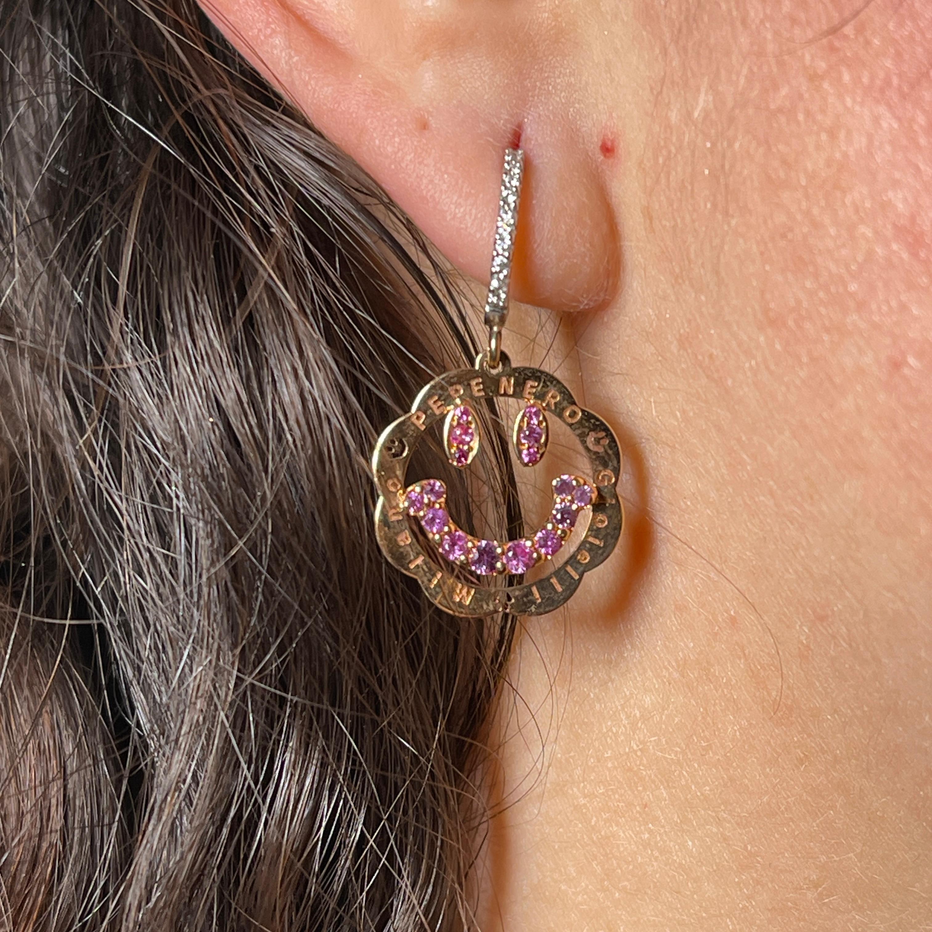18K White and Rose Gold Smiley Face Dangle Earrings with Pink Sapphires and Diam For Sale 1