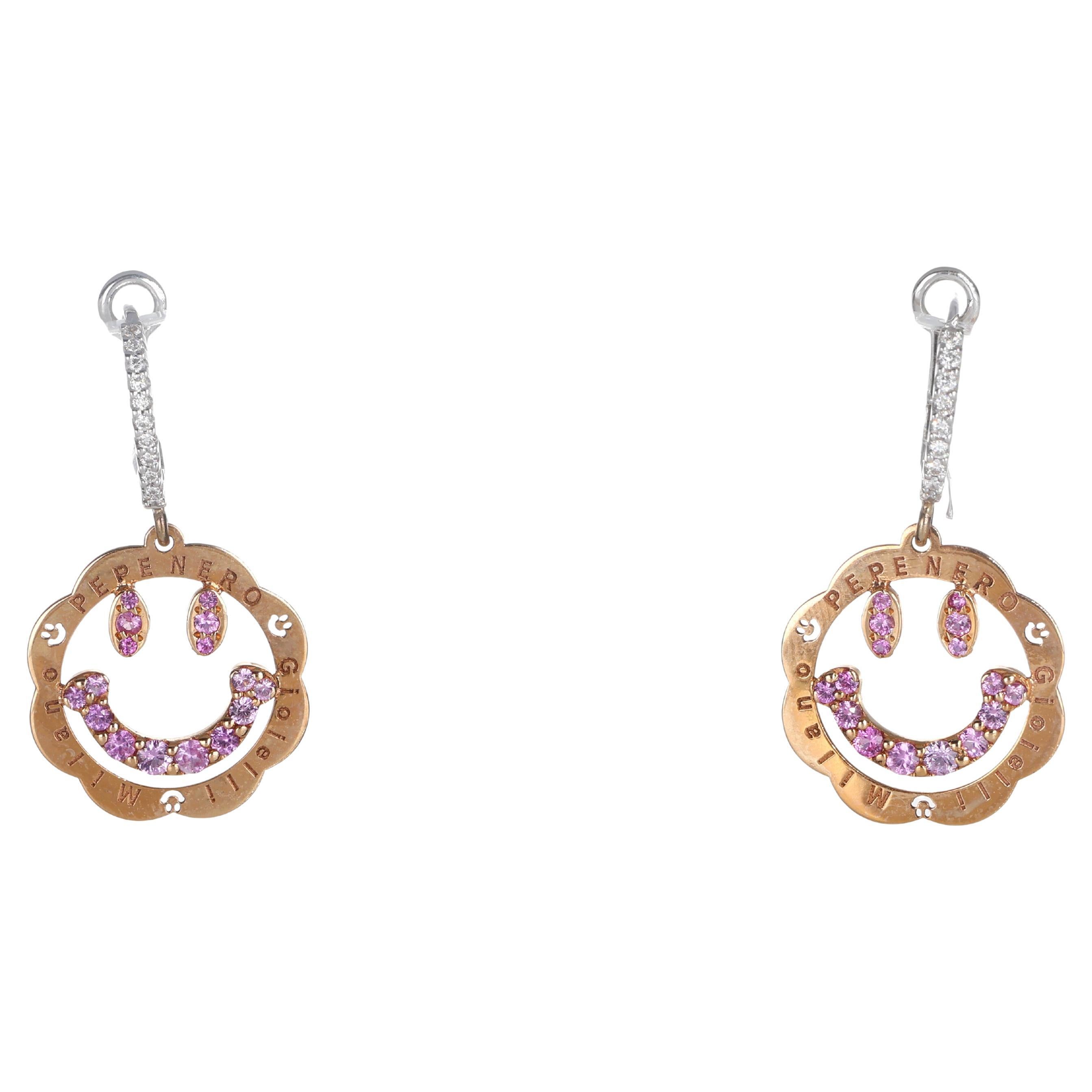 18K White and Rose Gold Smiley Face Dangle Earrings with Pink Sapphires and Diam For Sale