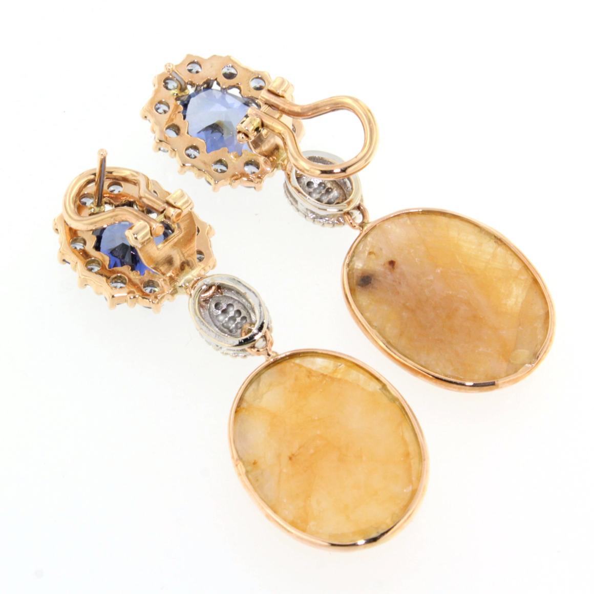 Oval Cut 18k White and Rose Gold with Blue Tanzanite Yellow Sapphire, Diamonds Earrings For Sale
