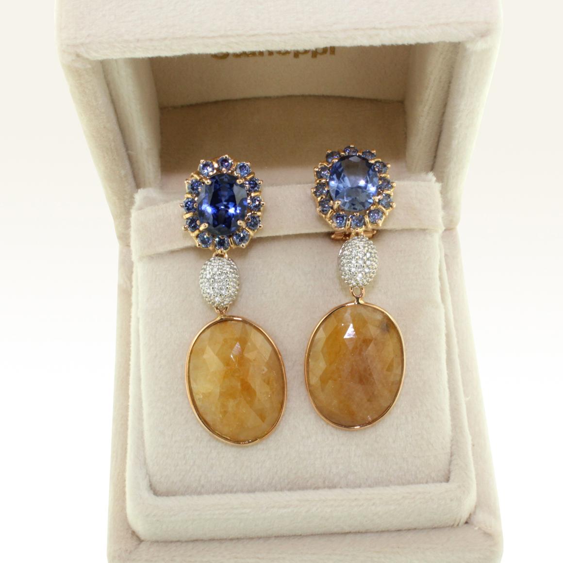 Boucles d'oreilles en or blanc et rose 18 carats avec tanzanite bleue, saphir jaune et diamants Neuf - En vente à GALLARATE, IT