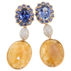 Boucles d'oreilles en or blanc et rose 18 carats avec tanzanite bleue, saphir jaune et diamants