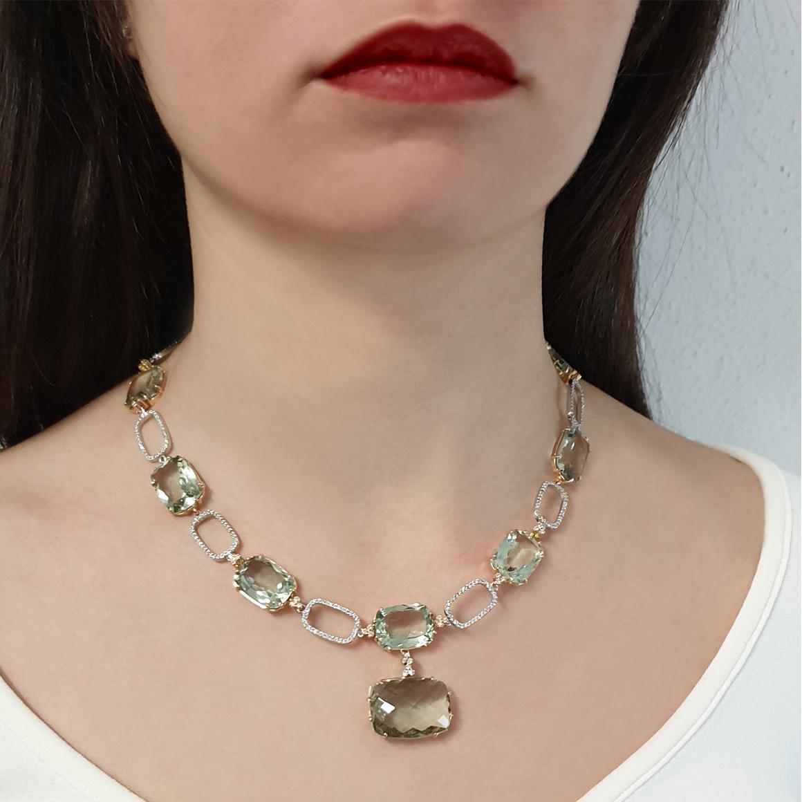 18k White and Rose Gold with Green Amethyst White Diamond Modern Necklace For Sale 5