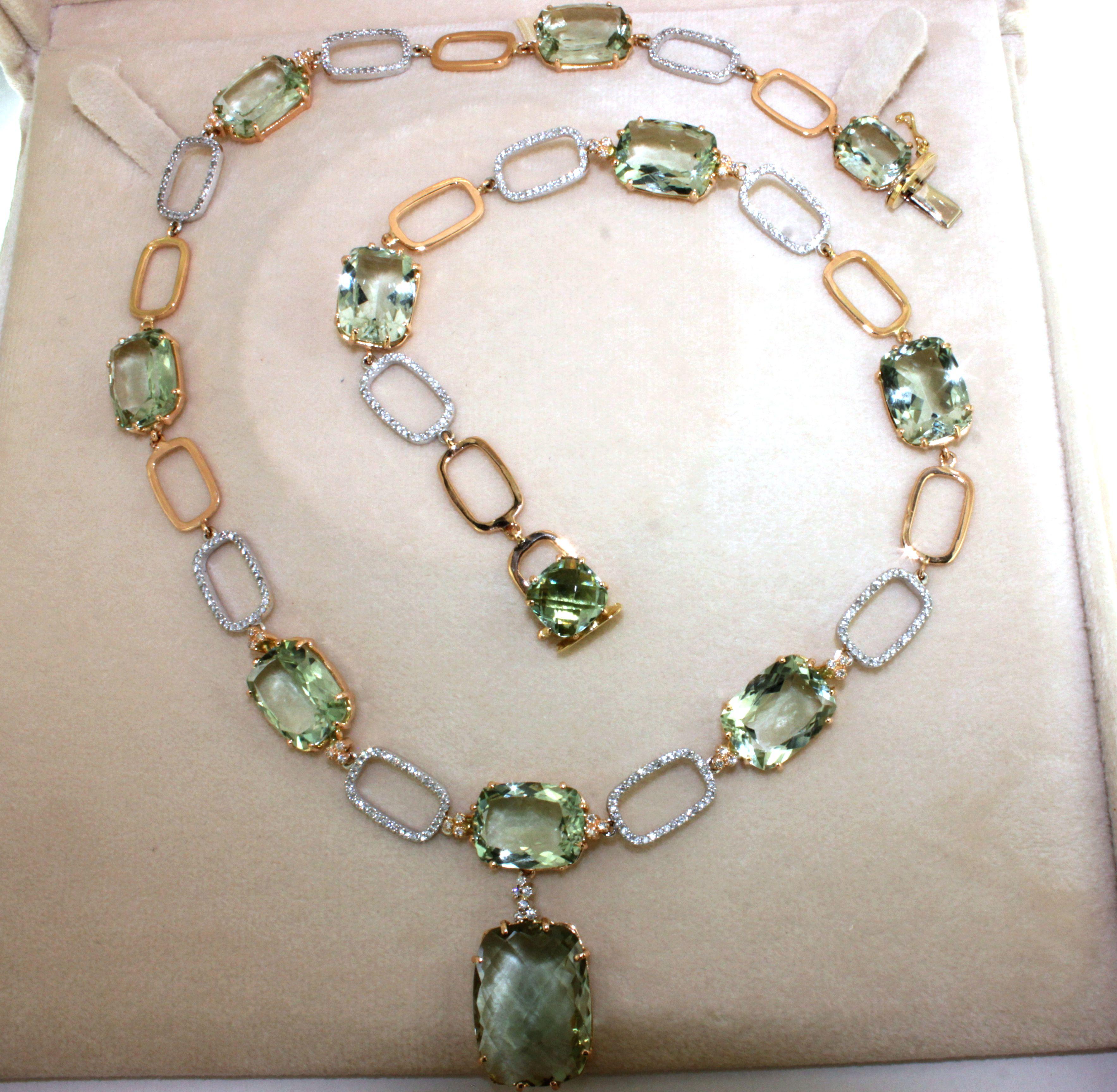 18k White and Rose Gold with Green Amethyst White Diamond Modern Necklace For Sale 6