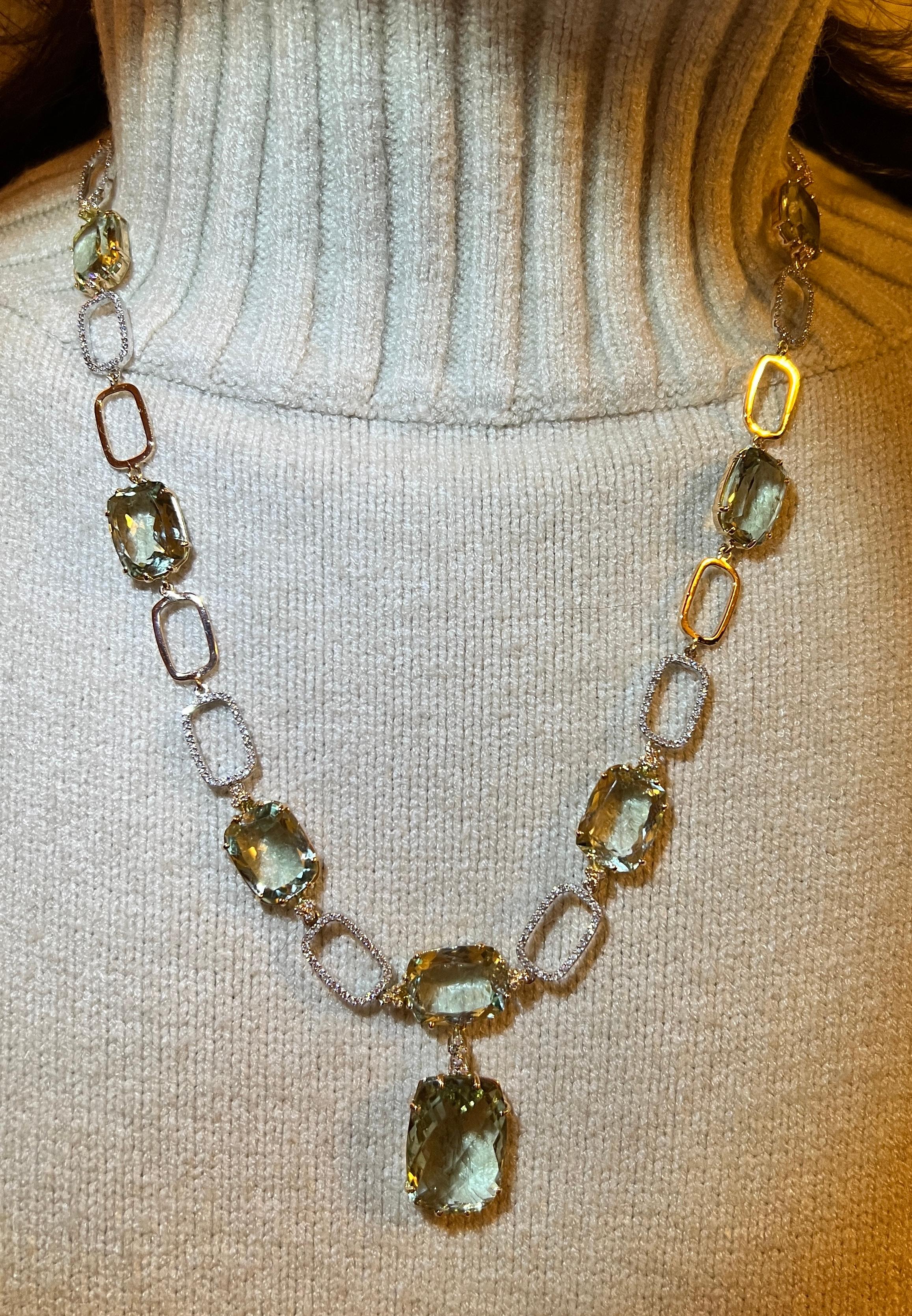 18k White and Rose Gold with Green Amethyst White Diamond Modern Necklace For Sale 7