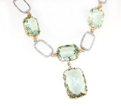 18k White and Rose Gold with Green Amethyst White Diamond Modern Necklace