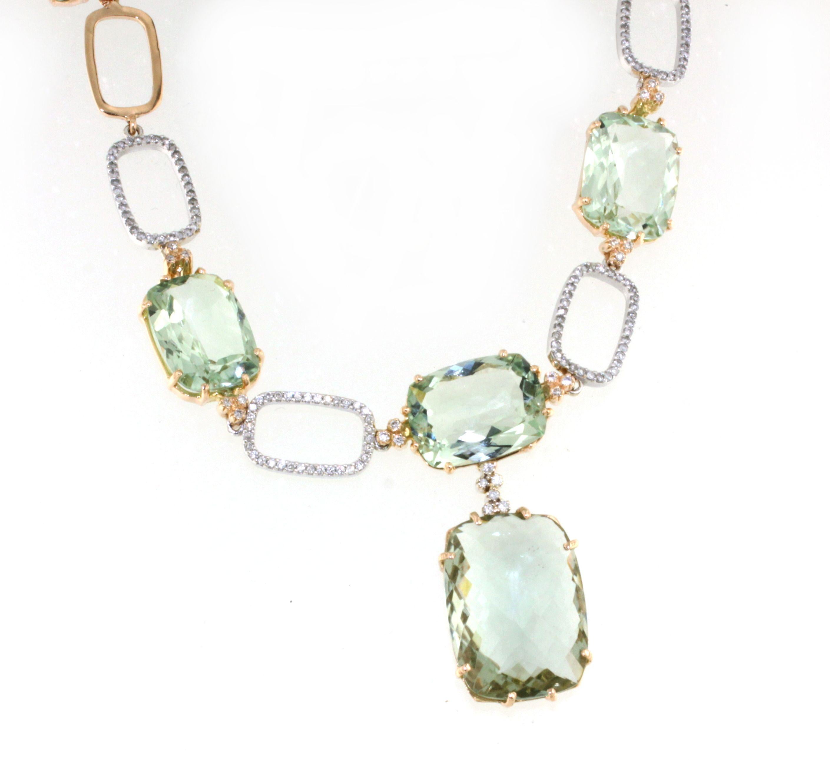Briolette Cut 18k White and Rose Gold with Green Amethyst White Diamond Modern Necklace For Sale