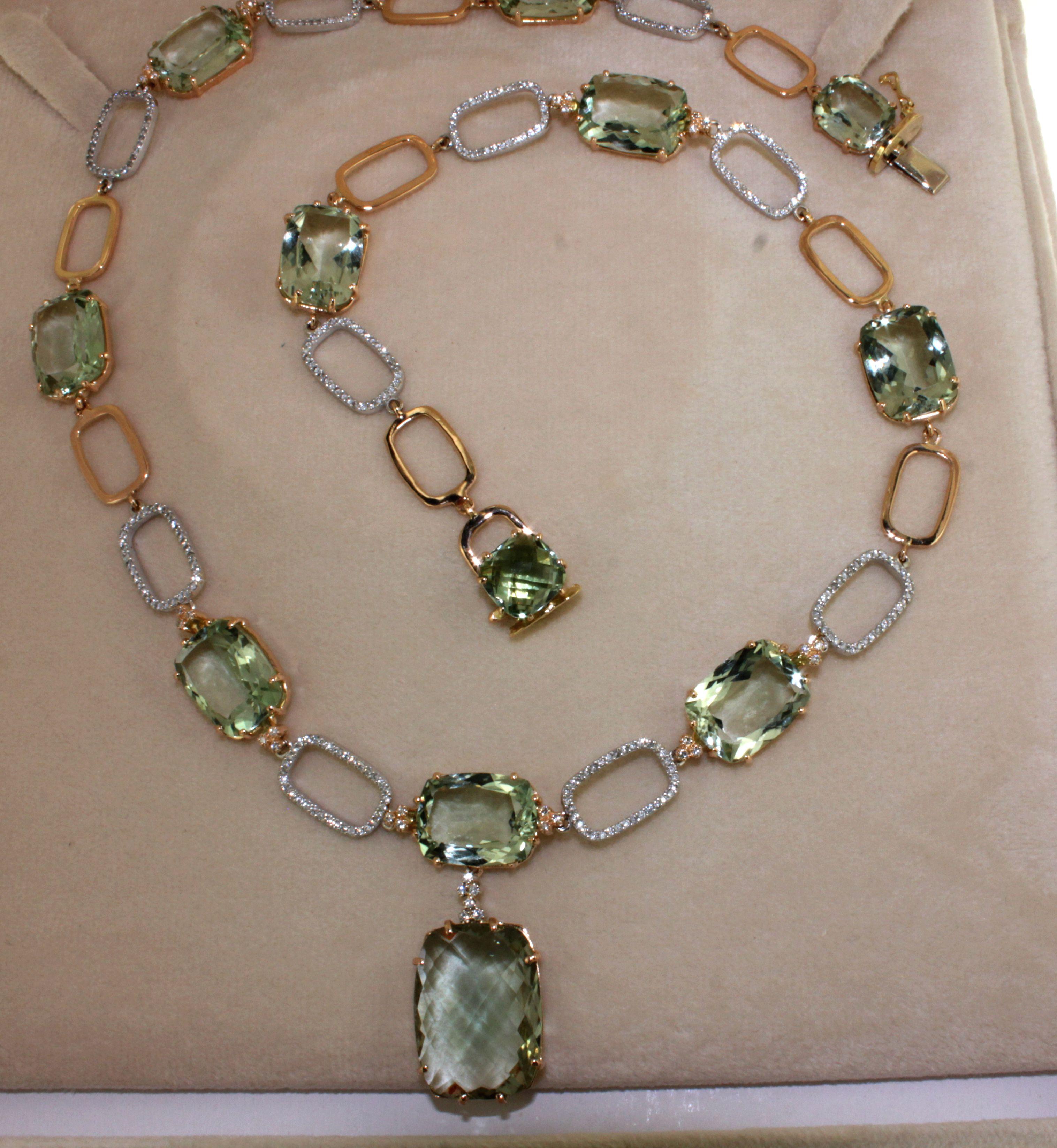 18k White and Rose Gold with Green Amethyst White Diamond Modern Necklace In New Condition For Sale In GALLARATE, IT