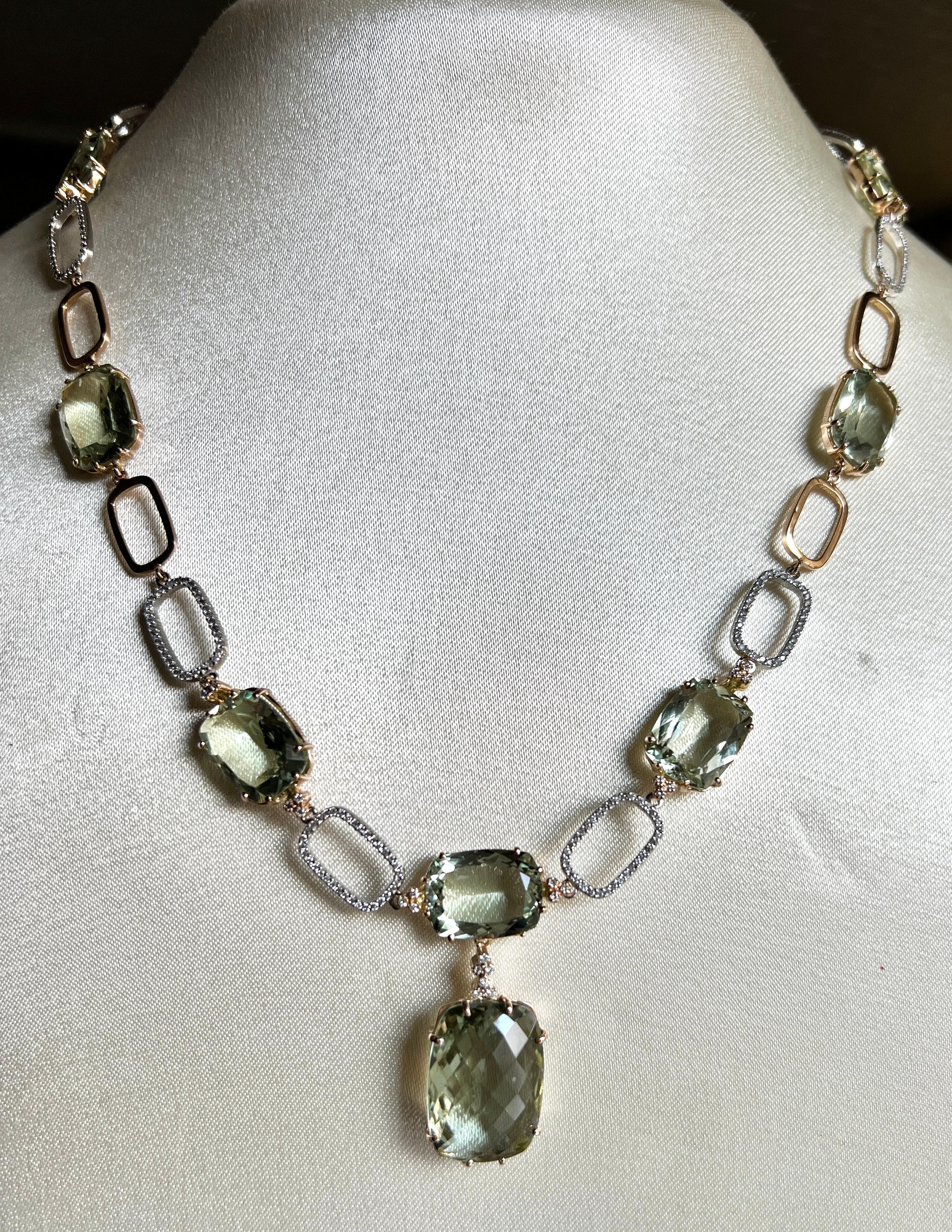 Women's or Men's 18k White and Rose Gold with Green Amethyst White Diamond Modern Necklace For Sale
