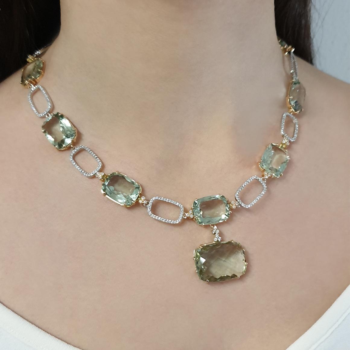 18k White and Rose Gold with Green Amethyst White Diamond Modern Necklace For Sale 1