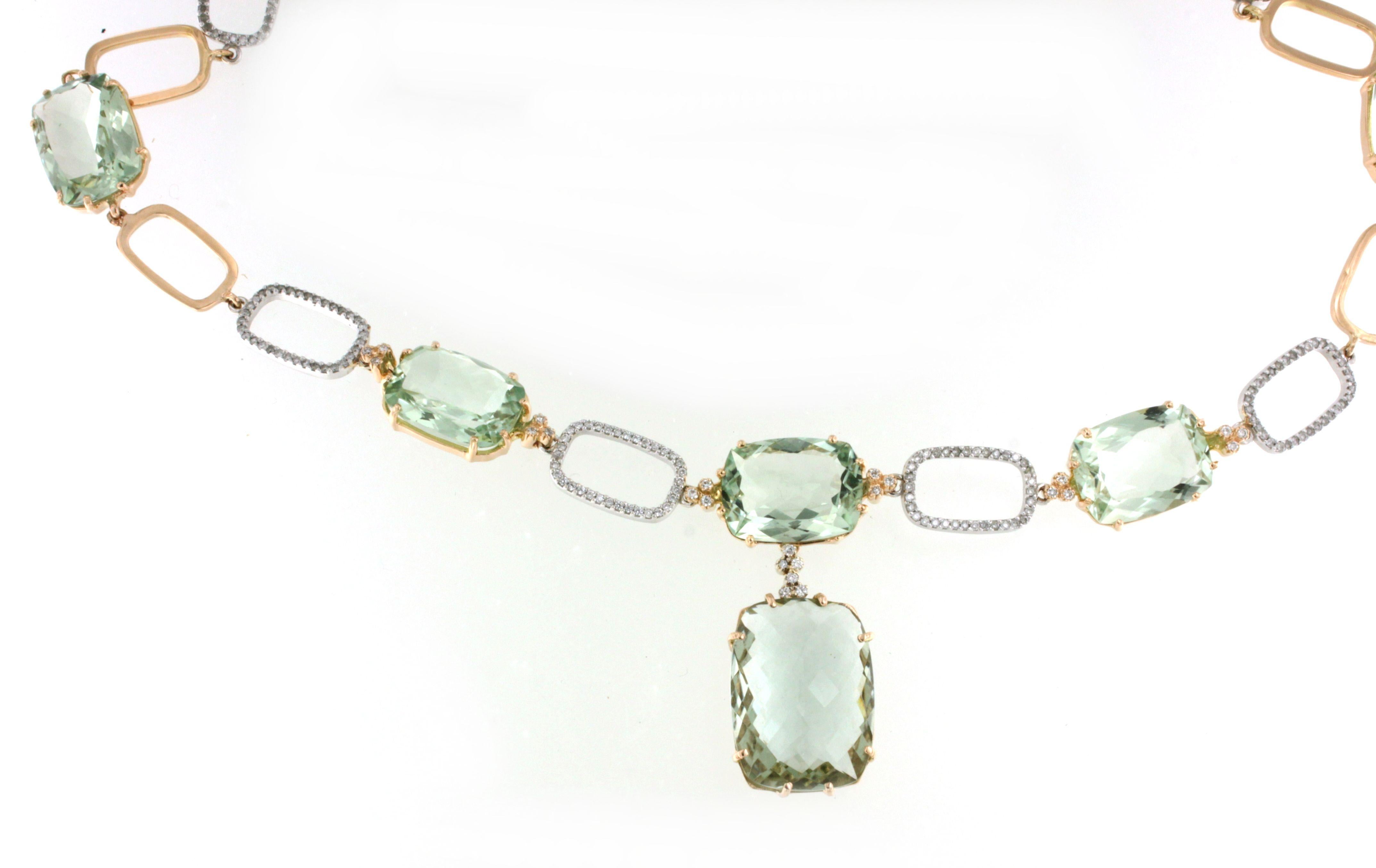18k White and Rose Gold with Green Amethyst White Diamond Modern Necklace For Sale 2