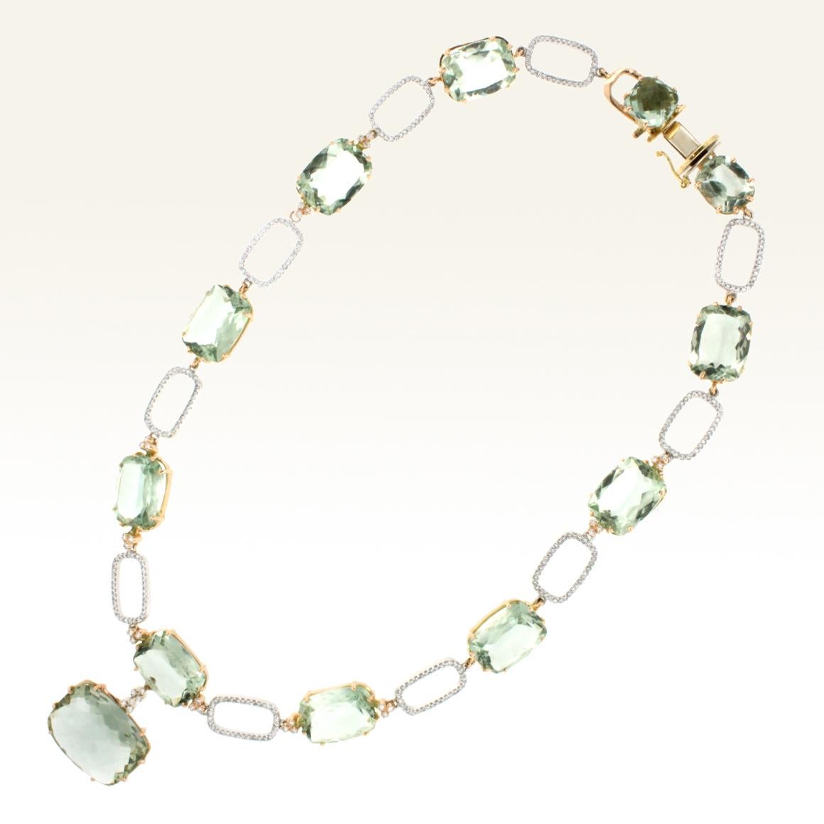 18k White and Rose Gold with Green Amethyst White Diamond Modern Necklace For Sale 3