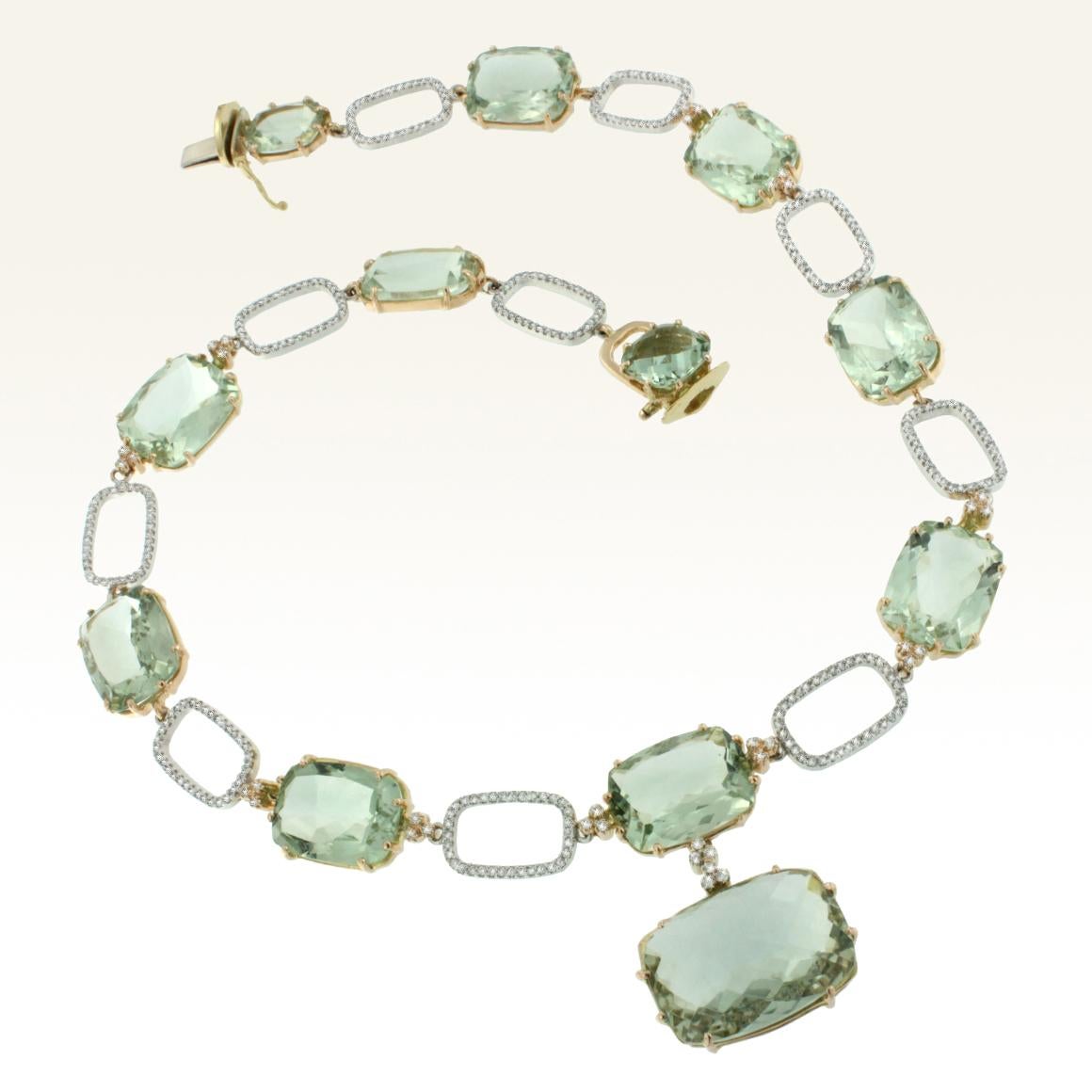 18k White and Rose Gold with Green Amethyst White Diamond Modern Necklace For Sale 4