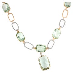 18k White and Rose Gold with Green Amethyst White Diamond Modern Necklace