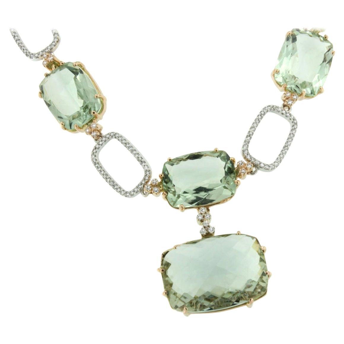 18k White and Rose Gold with Green Amethyst, White Diamond  Necklace  For Sale