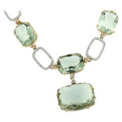 18k White and Rose Gold with Green Amethyst, White Diamond Necklace
