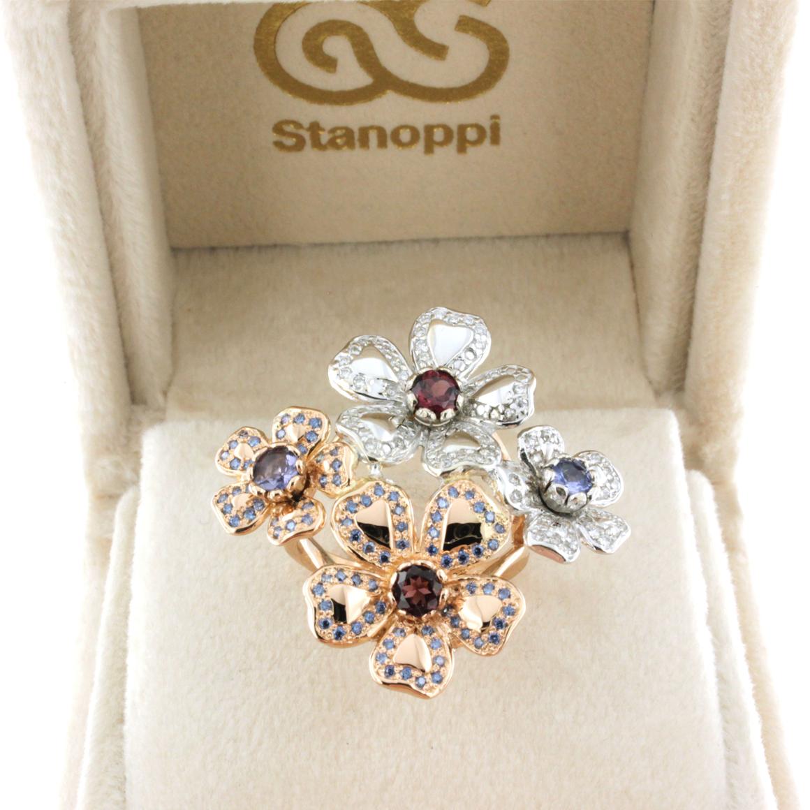 Cocktailring aus 18 Karat Weiß- und Roségold mit rosa Turmalin, Tansanit und weißen Diamanten für Damen oder Herren im Angebot