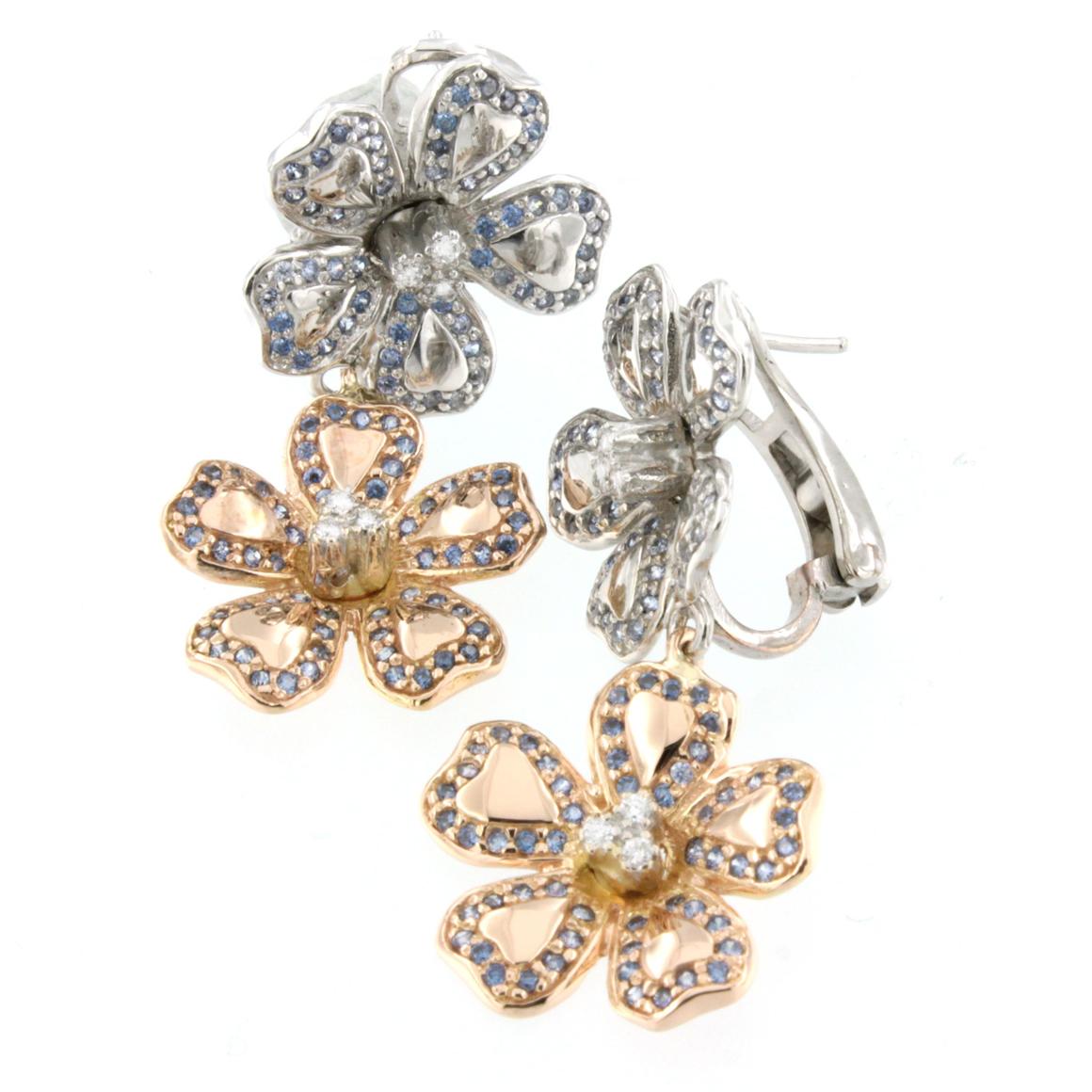 Modern 18 Karat White and Rose Gold with Tanzanite and White Diamonds Earrings For Sale