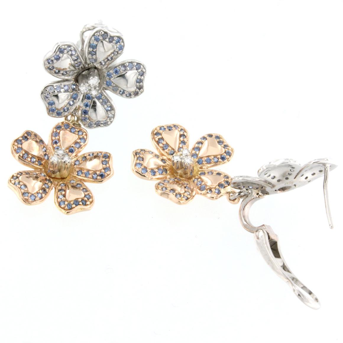 Women's or Men's 18 Karat White and Rose Gold with Tanzanite and White Diamonds Earrings For Sale
