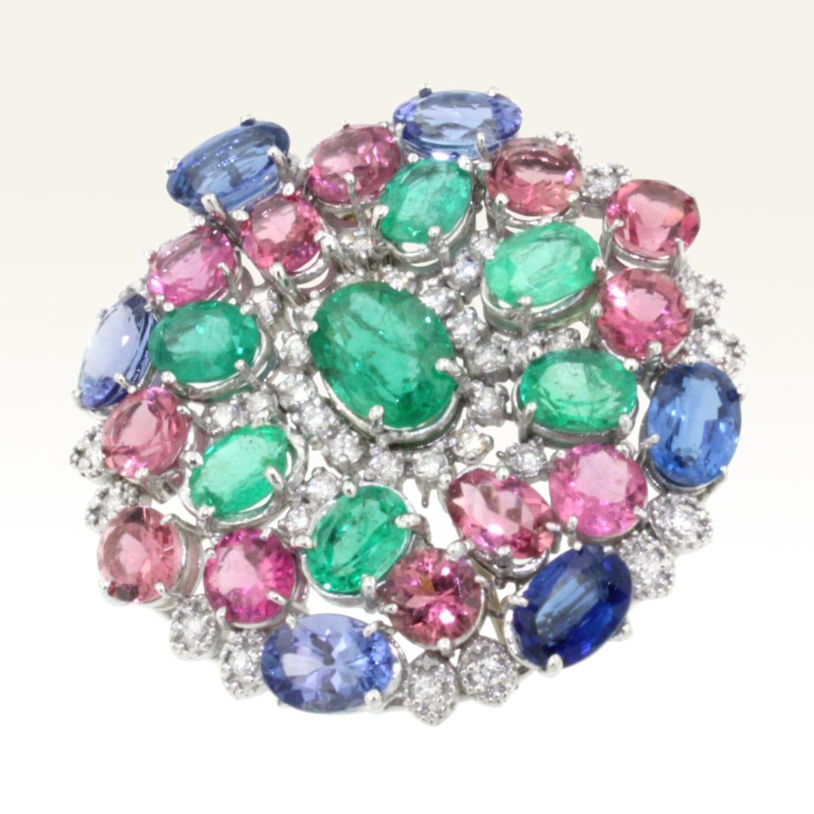 Artisan 18k White Gold with Tanzanite Pink Tourmaline, Emeralds, Diamonds Brooch  For Sale