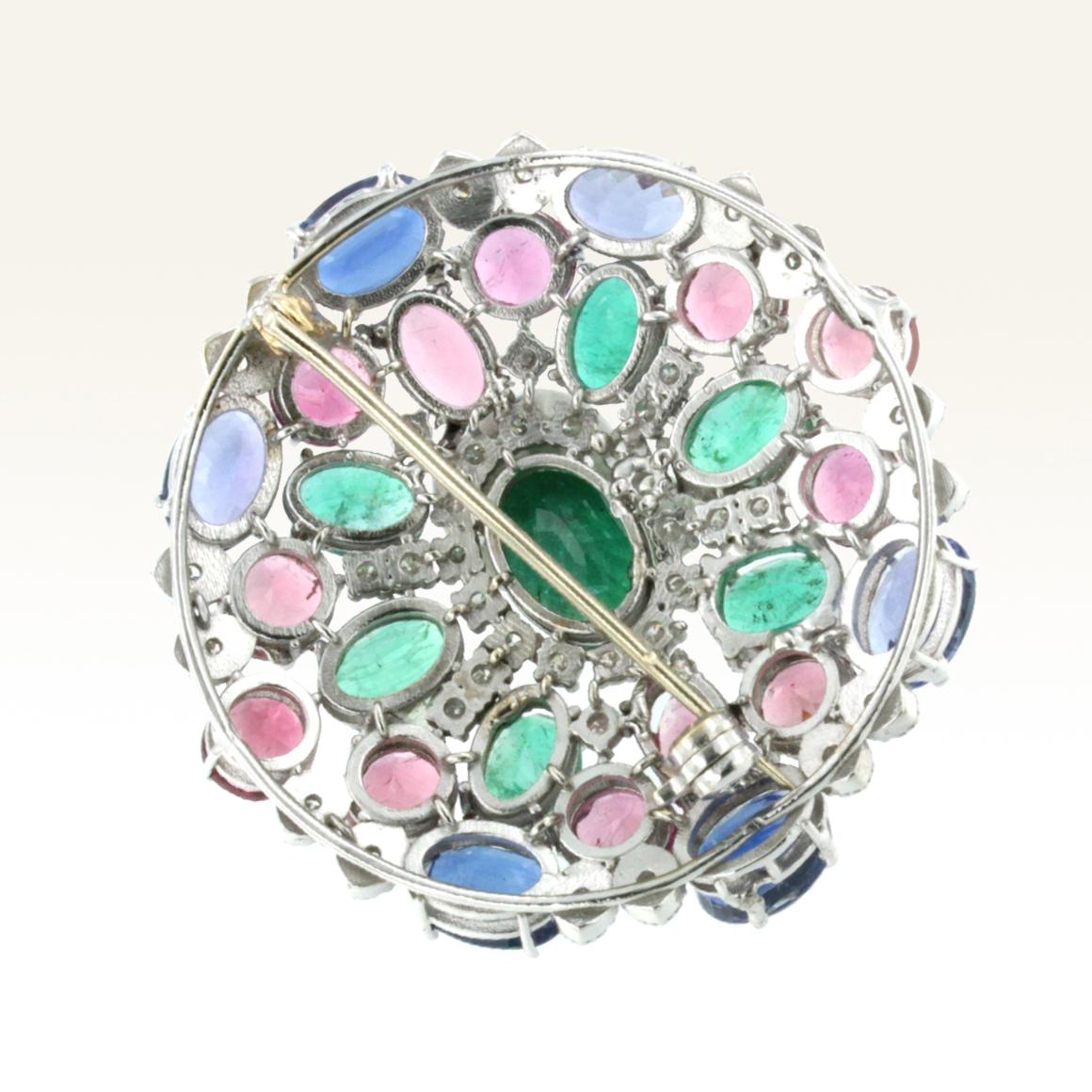 Oval Cut 18k White Gold with Tanzanite Pink Tourmaline, Emeralds, Diamonds Brooch  For Sale