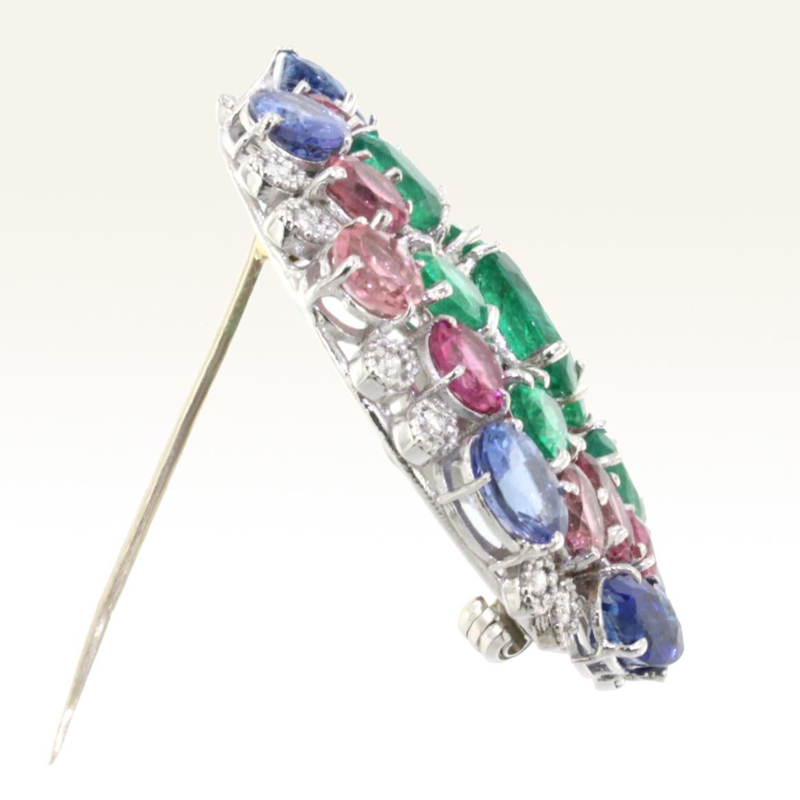 18k White Gold with Tanzanite Pink Tourmaline, Emeralds, Diamonds Brooch  In New Condition For Sale In GALLARATE, IT