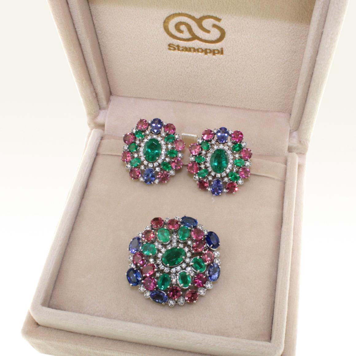 Women's or Men's 18k White Gold with Tanzanite Pink Tourmaline Emeralds Diamonds Elegant Brooch For Sale