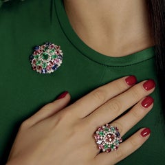 18k White Gold with Tanzanite Pink Tourmaline Emeralds Diamonds Elegant Brooch