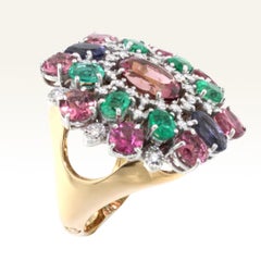 18k White and Rose Gold with Tanzanite Pink Tourmaline Emeralds Diamond Ring