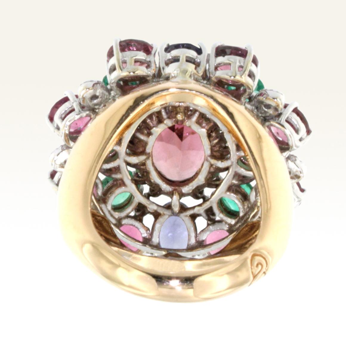 Oval Cut 18k White and Rose Gold with Tanzanite Pink Tourmaline Emeralds Diamond Ring For Sale