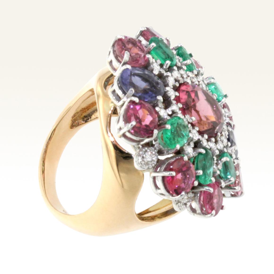 18k White and Rose Gold with Tanzanite Pink Tourmaline Emeralds Diamond Ring In New Condition For Sale In GALLARATE, IT