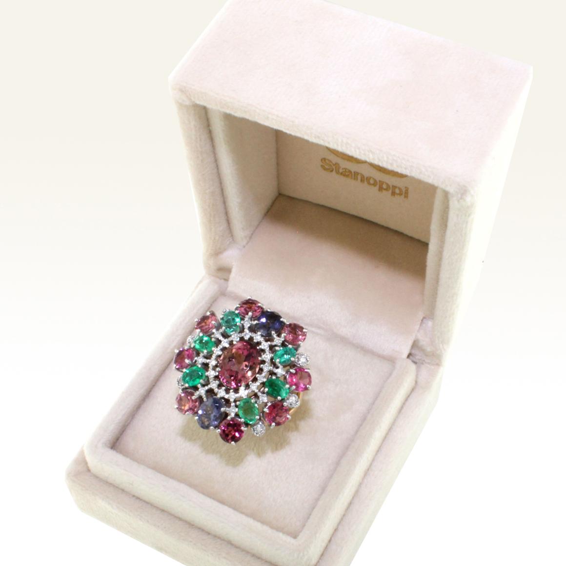 Women's or Men's 18k White and Rose Gold with Tanzanite Pink Tourmaline Emeralds Diamond Ring For Sale