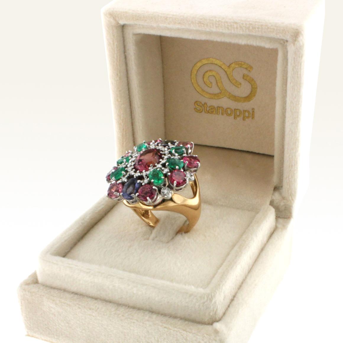18k White and Rose Gold with Tanzanite Pink Tourmaline Emeralds Diamond Ring For Sale 1