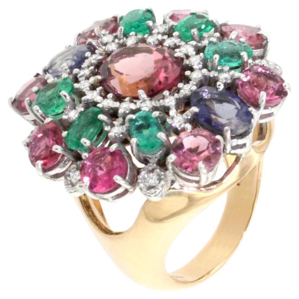 18 Karat Weiß- und Roségold Diamantring mit Tansanit, rosa Turmalin, Smaragden