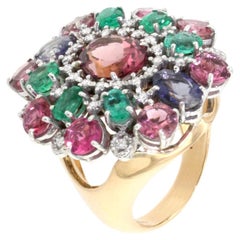 18k White and Rose Gold with Tanzanite Pink Tourmaline Emeralds Diamond Ring