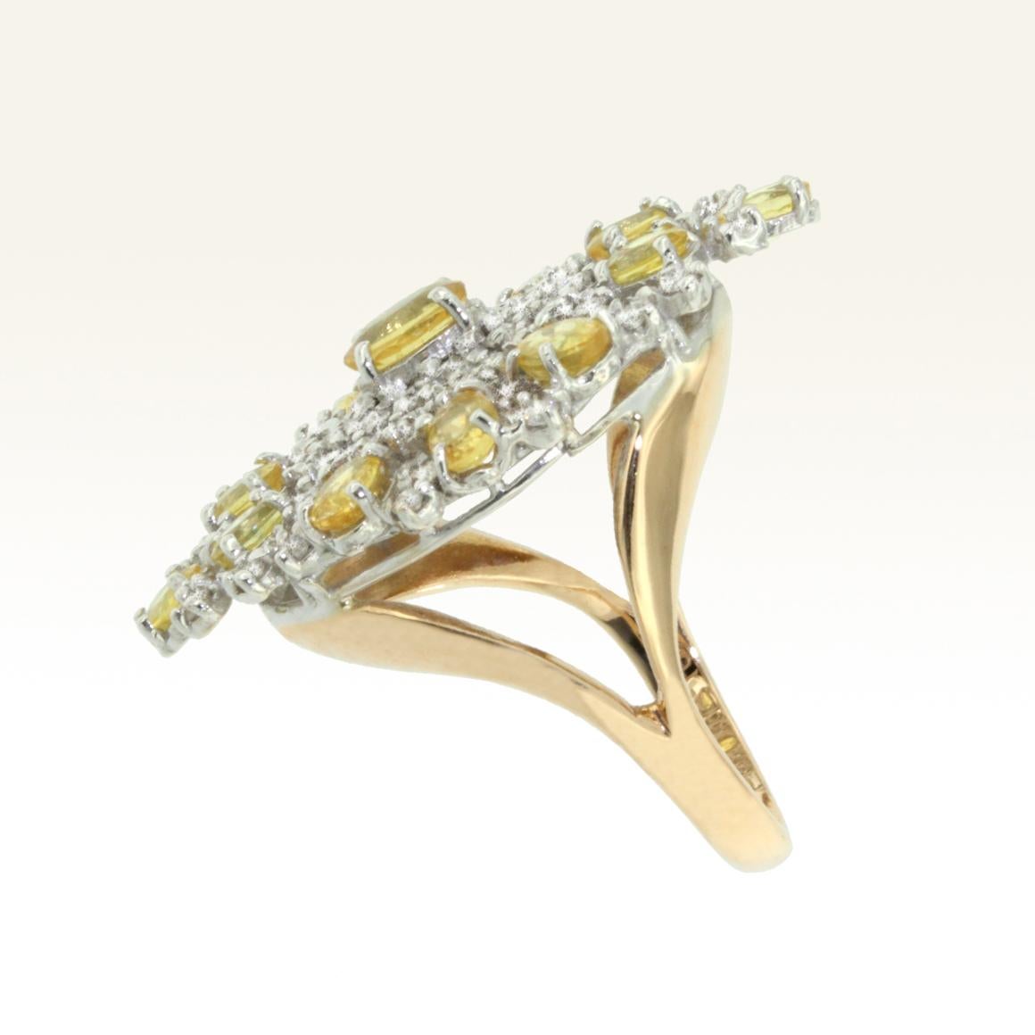 Yellow is the color of the sun, it is happiness and good mood. Modern and unique piece for a special ring made in Italy by Stanoppi Jewellery . Possible to combined with earrings.

Ring in 18k white and rose gold with yellow sapphire cts 3.40 (oval