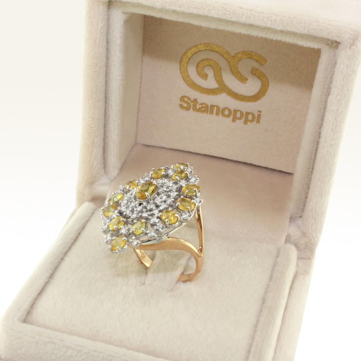 Modern 18 Karat White and Rose Gold with Yellow Sapphire and White Diamond Ring For Sale