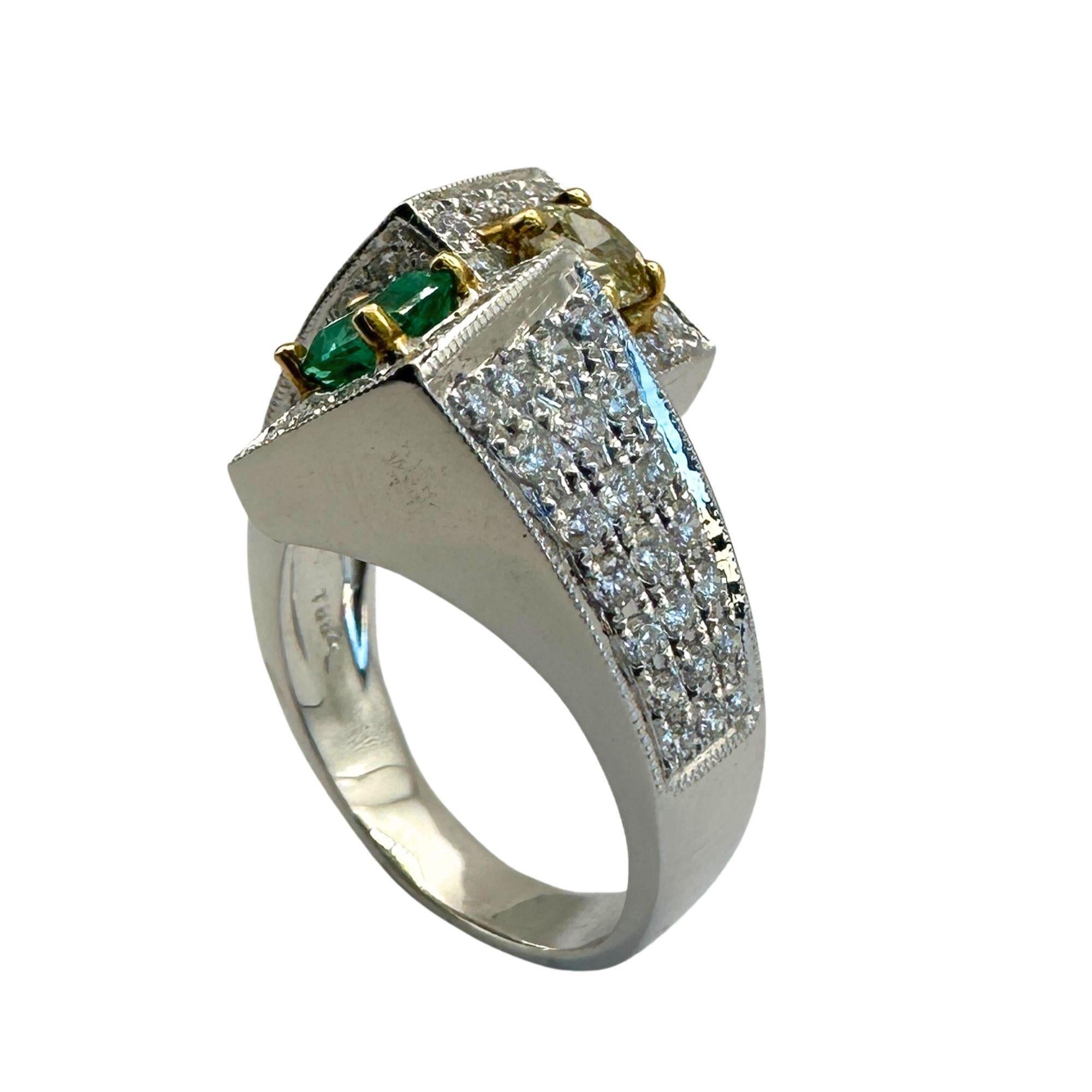 Square Cut 18k White and Yellow Diamond and Emerald Ring