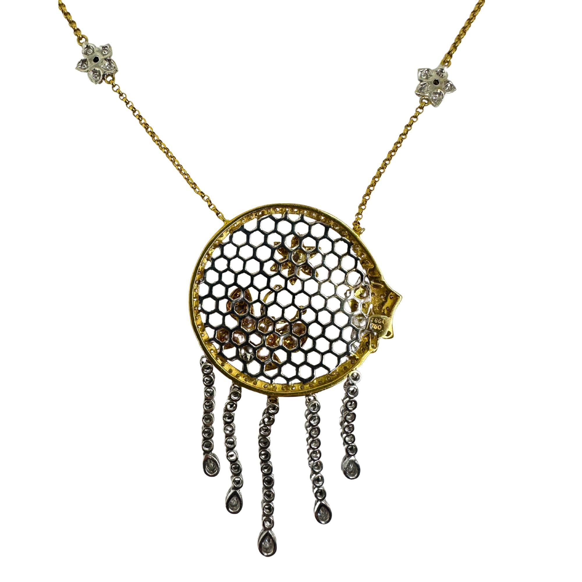 Women's 18k White and Yellow Diamond Butterfly and Flower Necklace For Sale