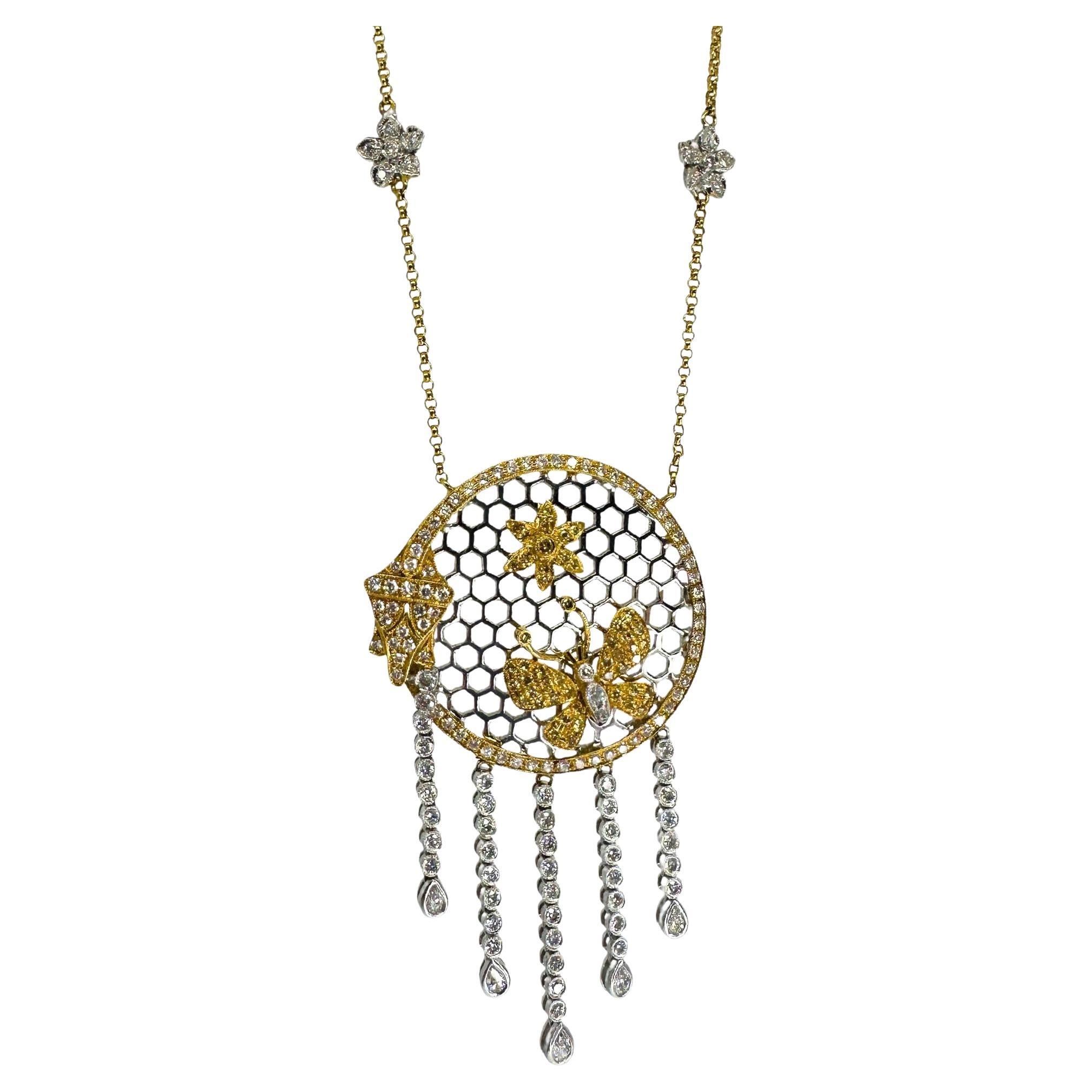 18k White and Yellow Diamond Butterfly and Flower Necklace For Sale