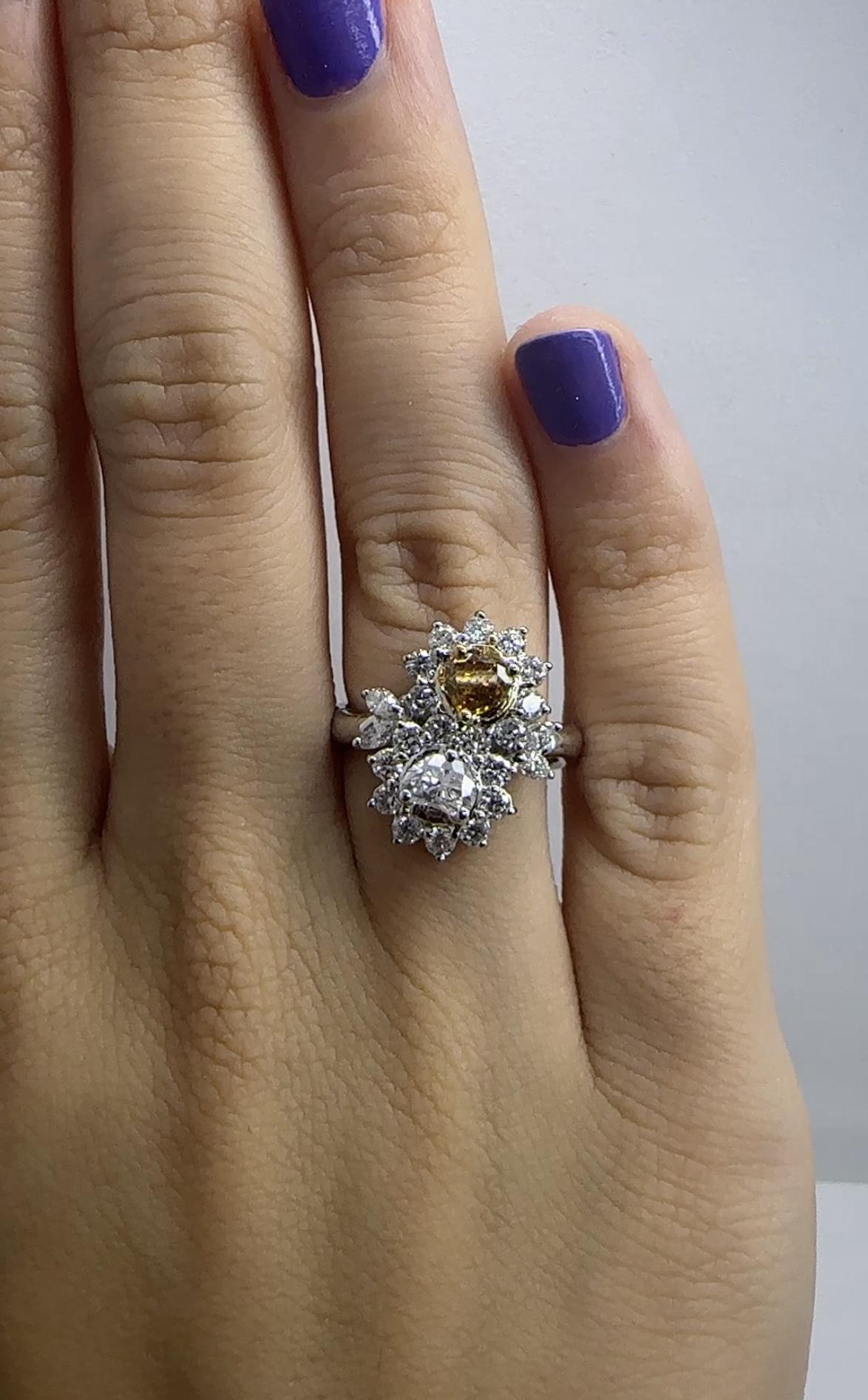 18k White and Yellow Diamond Floral Ring For Sale 3